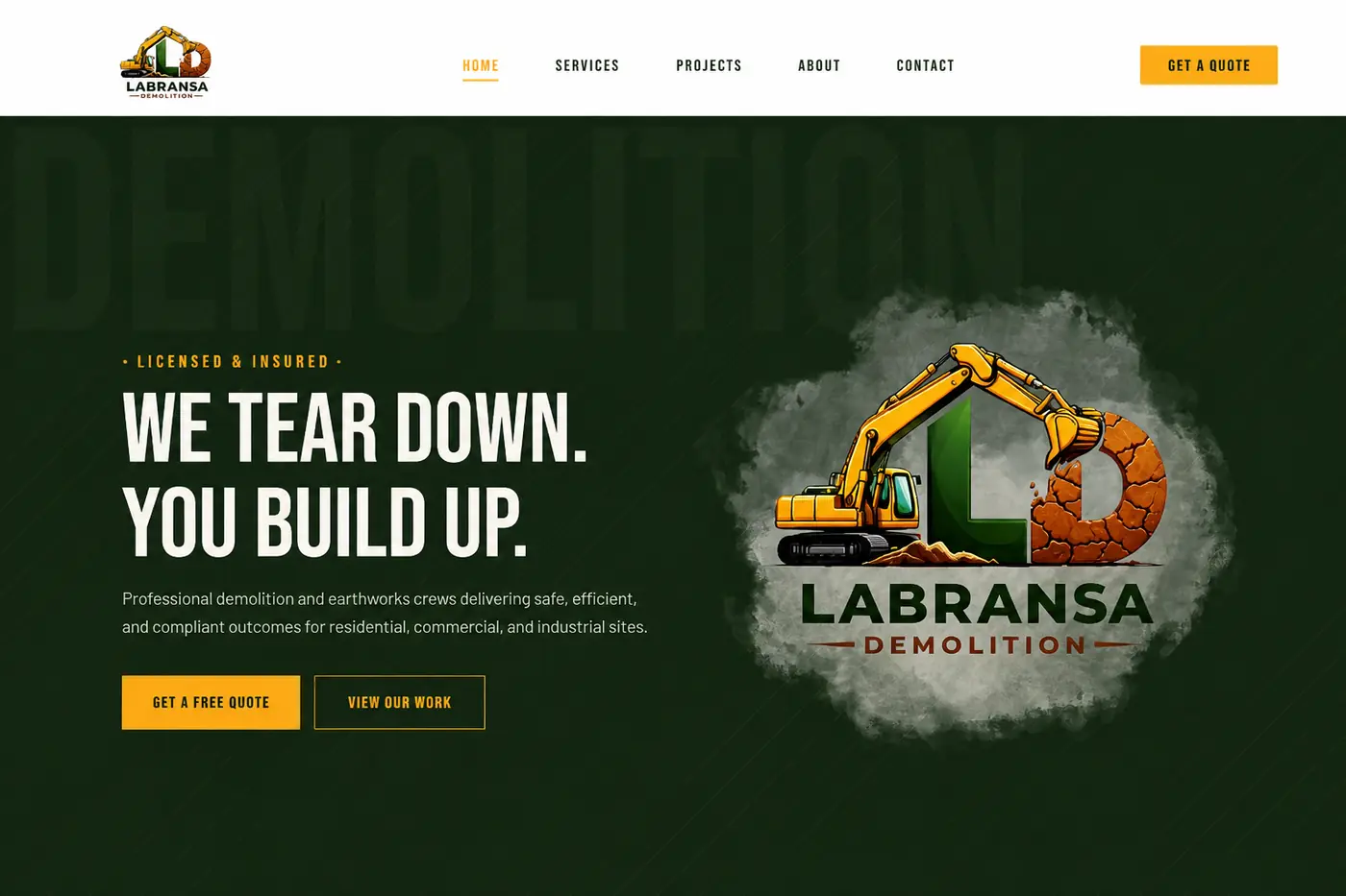 Labransa Demolition company website with service pages and a job inquiry form