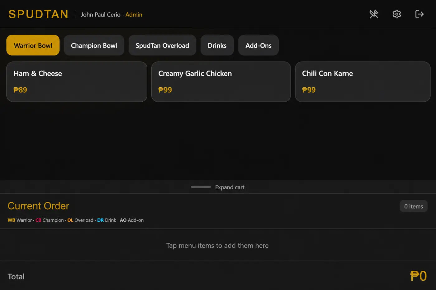 SpudTan POS checkout with bowl categories, current order, and totals